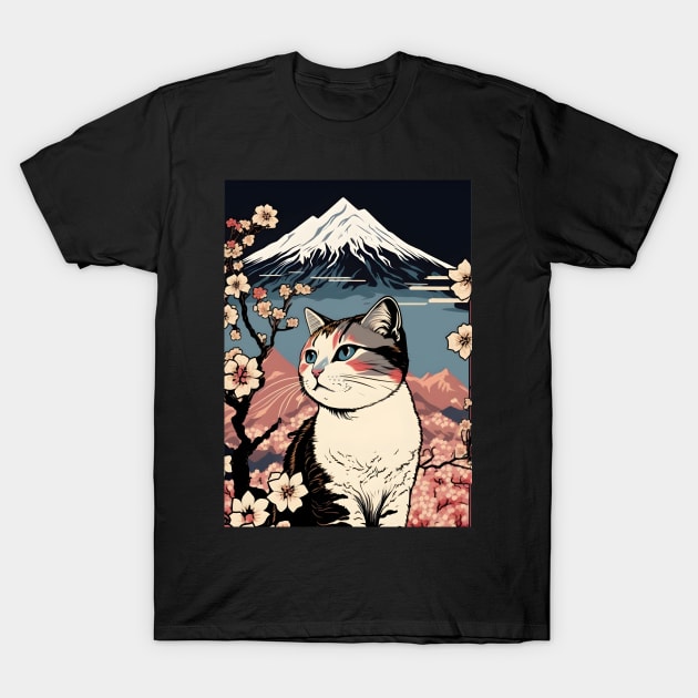 Japanese Cat Cherry Blossom Mount Fuji T-Shirt by Art-Jiyuu